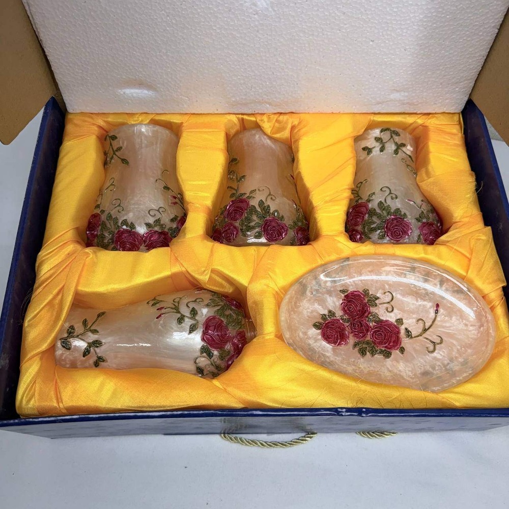 M&K 5 Piece Bathroom Accessory Set Red Rose Floral Cream Pearl New in Box